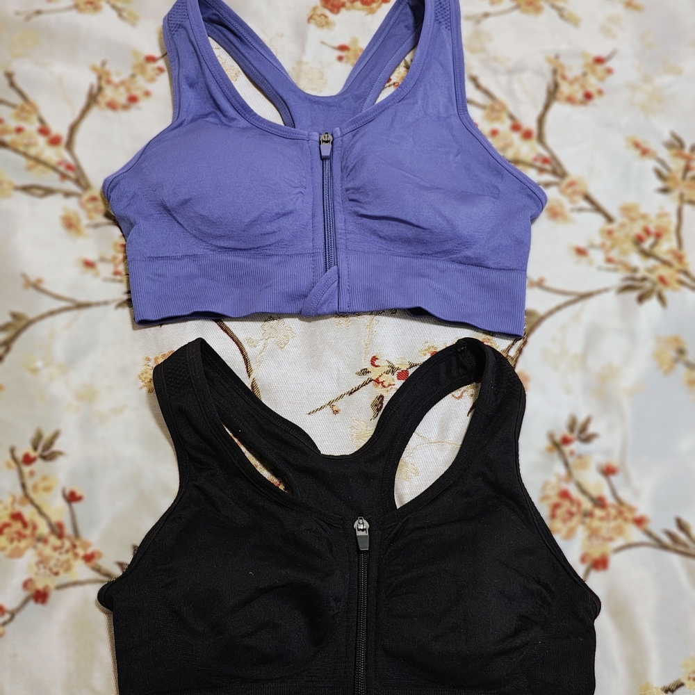 Purple and Black Zip-Front Sports Bras